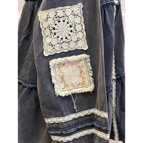 Z-1. POL Clothing Vintage Washed Embroidered Patch Flared Jacket Antique Navy - Picture 9 of 10